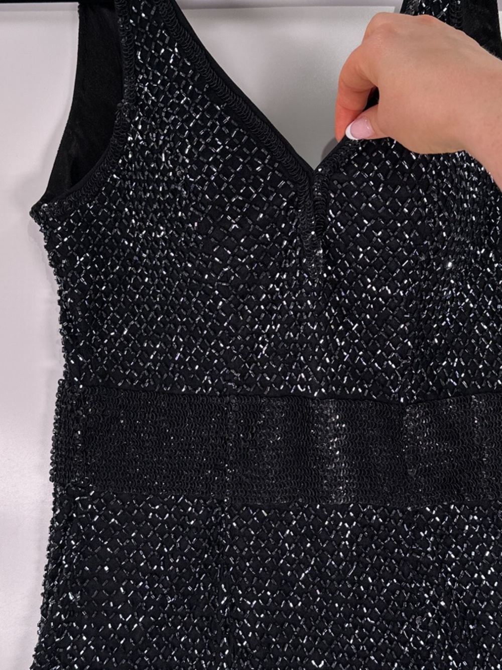 Mac Duggal Black Beaded Art Deco V-Neck Mini Dress 6 - Picture 3 of 11